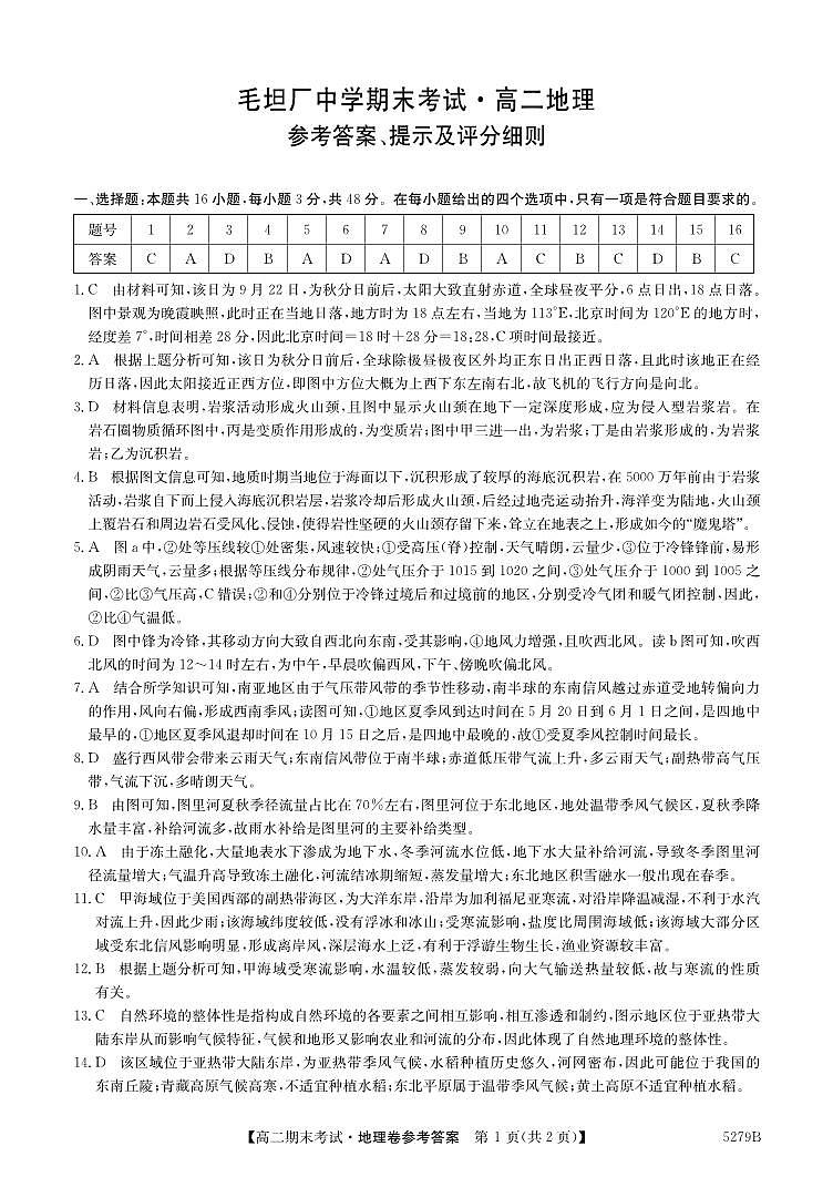 安徽省蚌埠市固镇县固镇县毛钽厂实验中学2024-2025学年高二上学期1月期末考试地理试题答案第1页