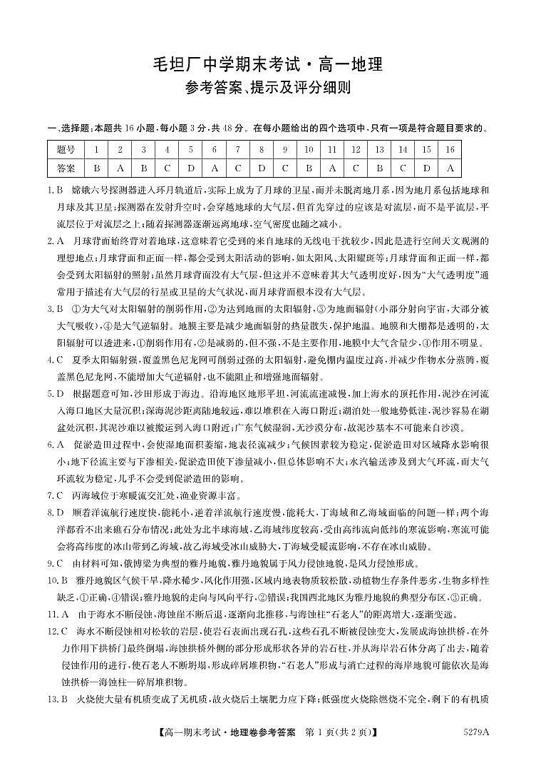 安徽省六安市毛钽厂中学2024-2025学年高一上学期1月期末考试地理试题答案第1页