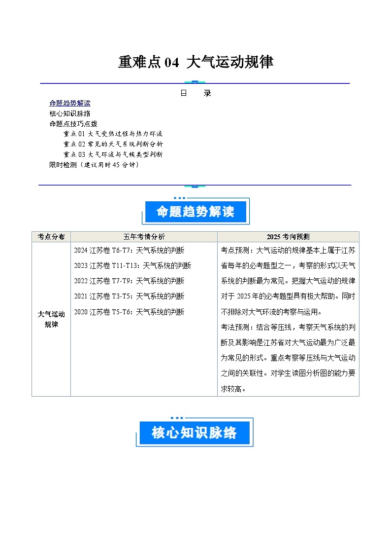 重难点04 大气运动规律-2025年高考地理 热点 重点 难点 专练（江苏专用）（解析版）第1页