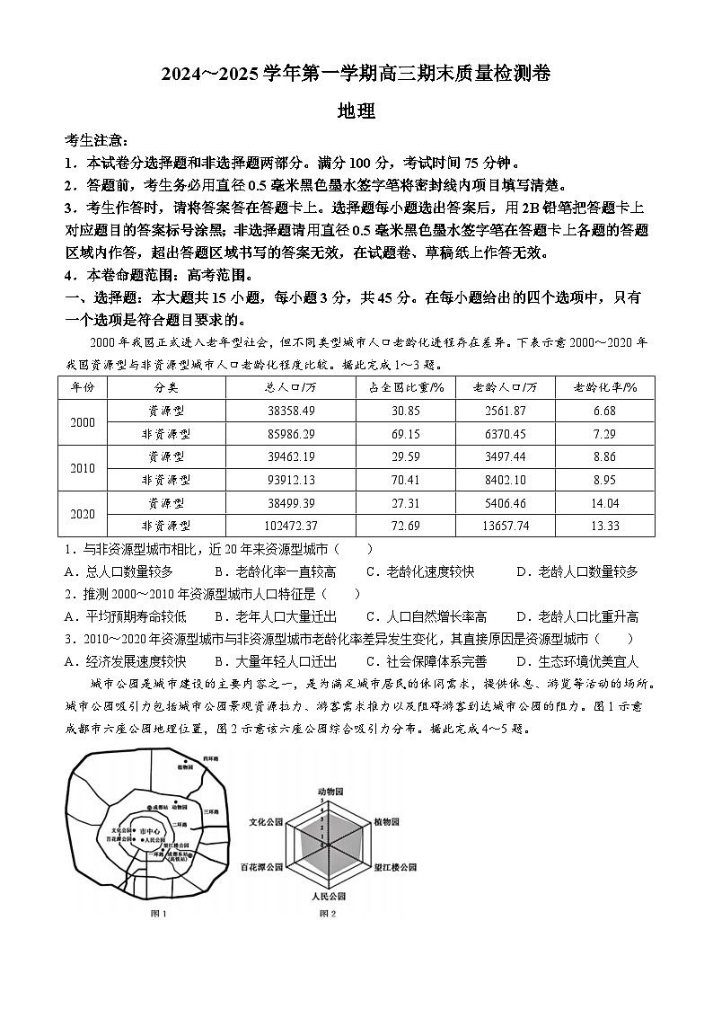 山西省三晋卓越联盟2025届高三上学期期末质量检测卷地理第1页