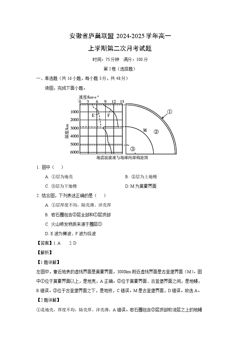 2024~2025学年安徽省庐巢联盟高一上第二次月考地理试卷（解析版）第1页