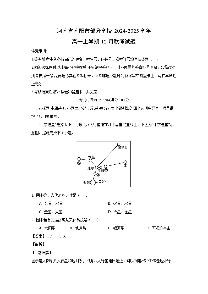 2024~2025学年河南省南阳市部分学校高一上12月联考地理试卷（解析版）第1页