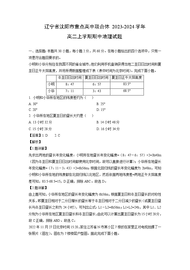 辽宁省沈阳市重点高中联合体2023-2024学年高二上学期期中地理试卷（解析版）第1页