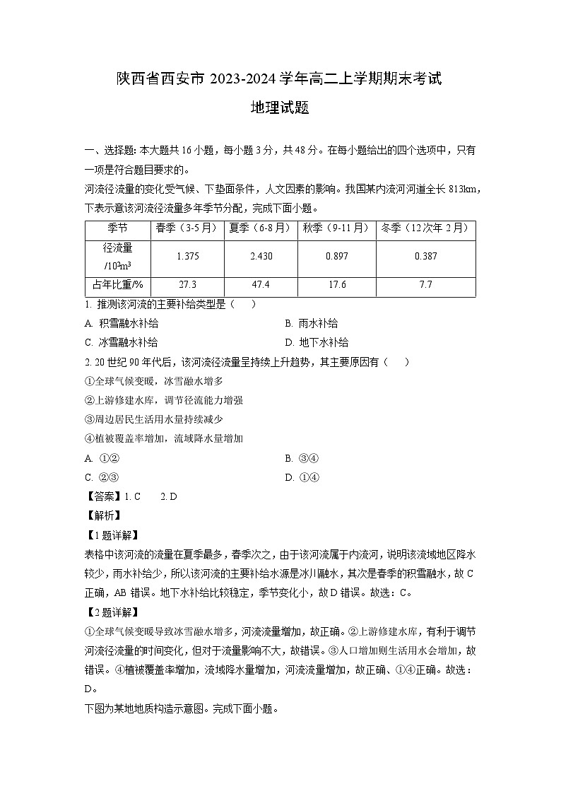 陕西省西安市2023-2024学年高二上学期期末考试地理试卷（解析版）第1页