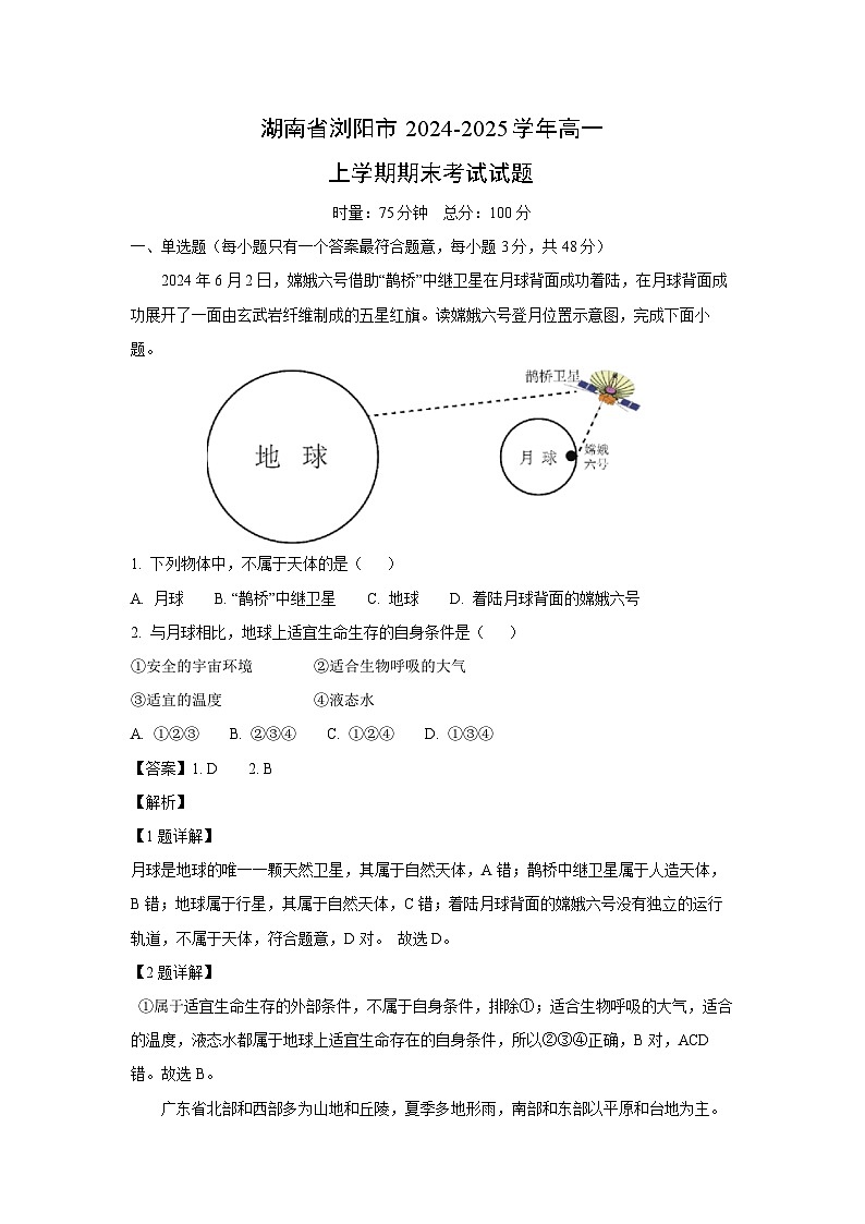 湖南省浏阳市2024-2025学年高一上学期期末考试地理试题（解析版）第1页