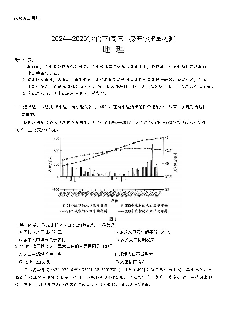山东省齐鲁名校教研共同体2024-2025学年高三下学期开学考试地理试卷（Word版附答案）第1页