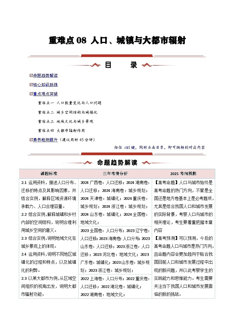重难点08  人口、城镇与大都市辐射-2025年高考地理 热点 重点 难点 专练（新高考通用）（原卷版）第1页
