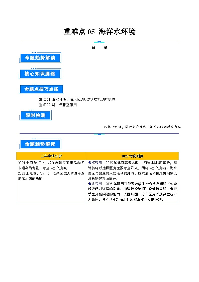 专题 05 海洋水环境-2025年高考地理 热点 重点 难点 专练（北京专用）（原卷版）第1页