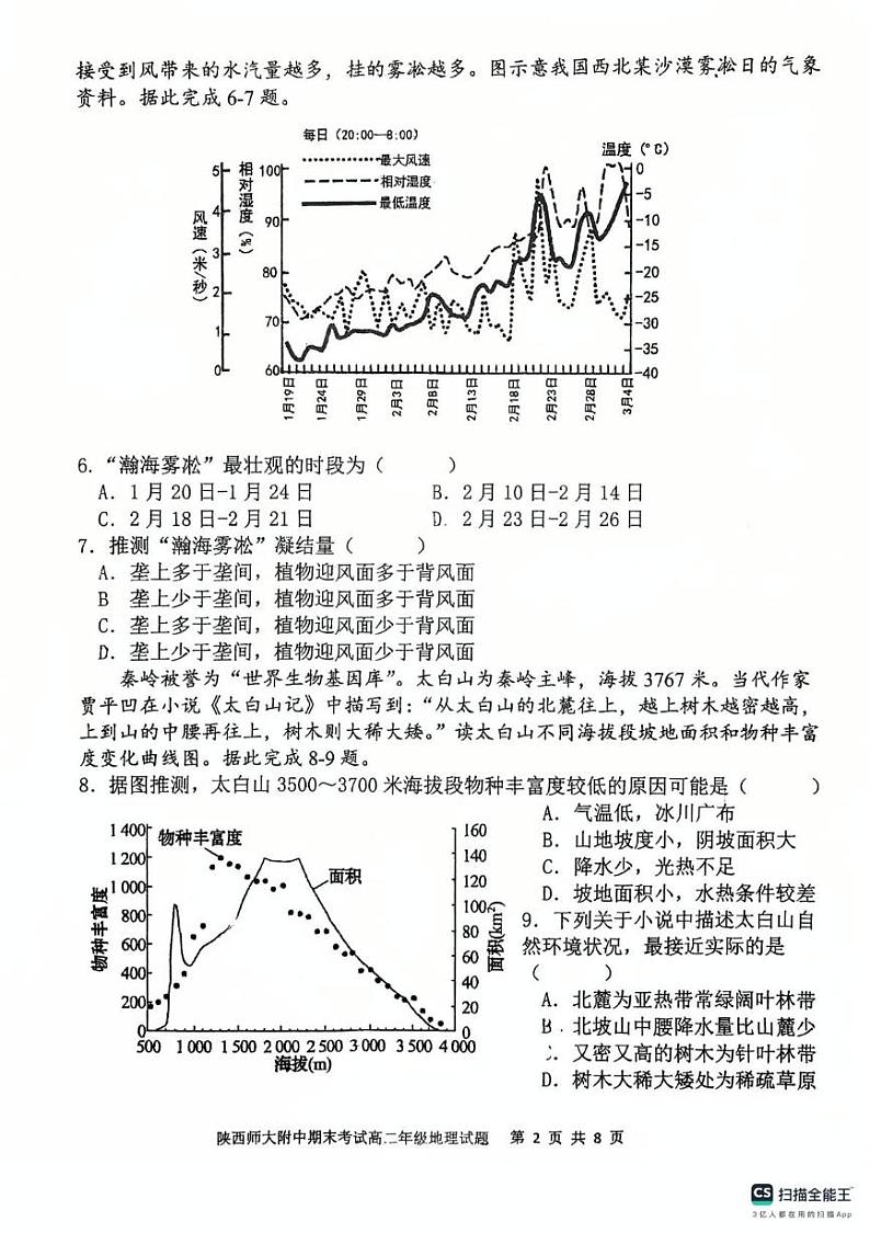 陕西省西安市陕西师范大学附属中学2024-2025学年高二上学期期末考试地理试卷第2页