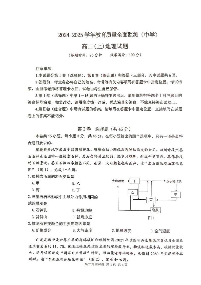 重庆市九龙坡区2024-2025学年高二上学期期末质量监测地理试题第1页