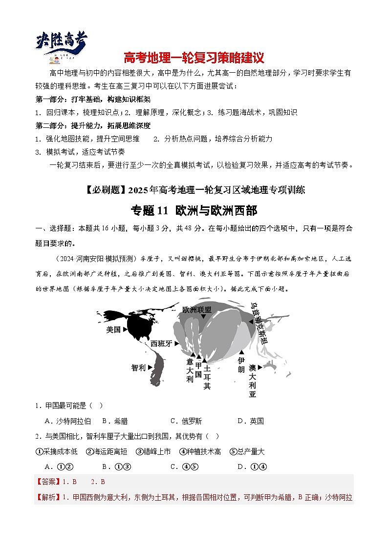 专练11 欧洲与欧洲西部（专项训练）-2025年高考地理一轮复习专练（解析版）第1页