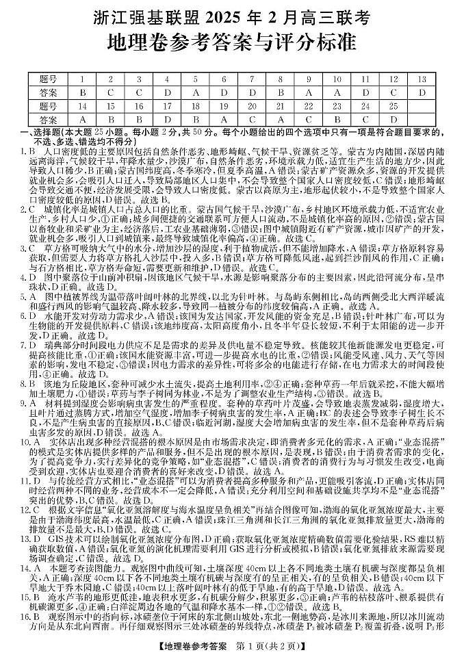 高三强基2月联考卷--地理答案第1页