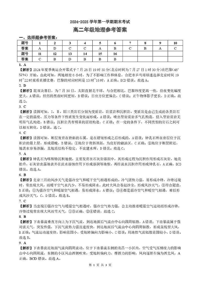 2024-2025学年第一学期期末考试高二年级地理参考答案第1页