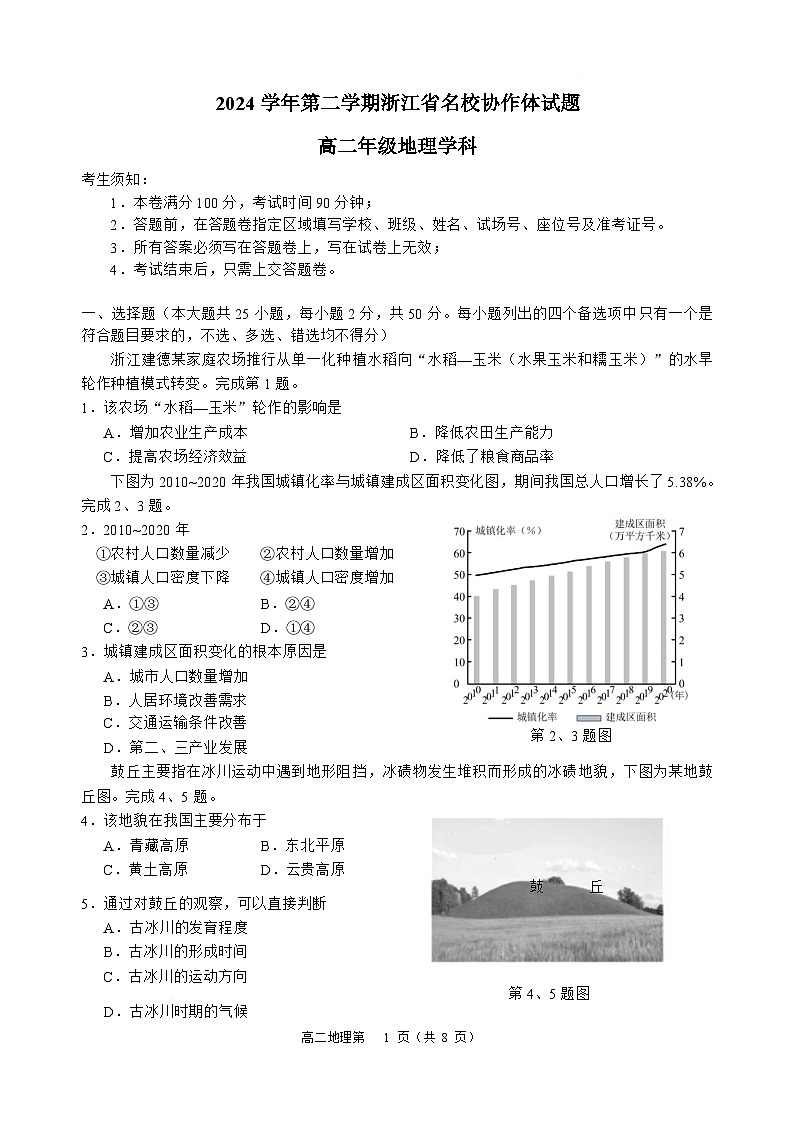 浙江省杭州市部分重点中学2024-2025学年高二下学期开学考试 地理 Word版含答案第1页
