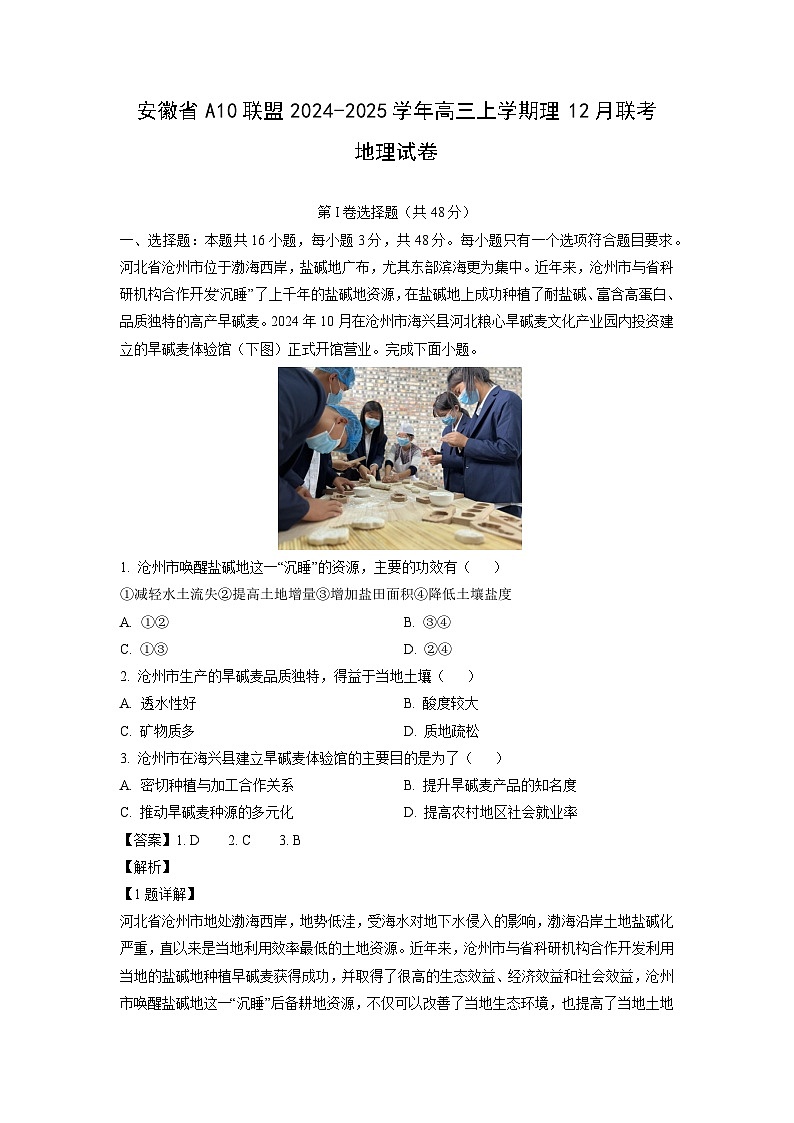 安徽省A10联盟2024-2025学年高三上学期理12月联考地理试卷（解析版）第1页