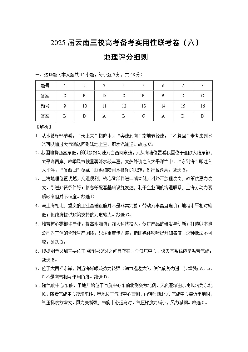 2025届云南三校高考备考实用性联考卷（六）地理-答案第1页