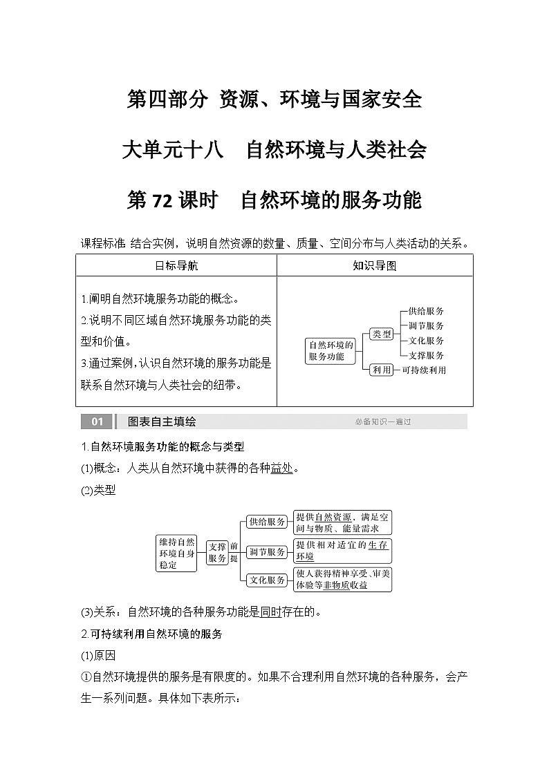 2025届高中地理一轮复习讲义：第四部分资源、环境与国家安全第十八单元自然资源与人类社会第72课时　自然环境的服务功能（教师版）第1页