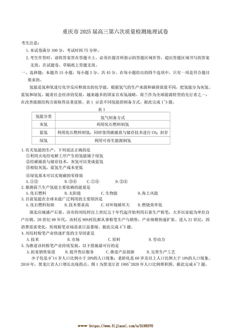 2025届重庆市高三(下)(六)月考地理试卷(含答案)第1页