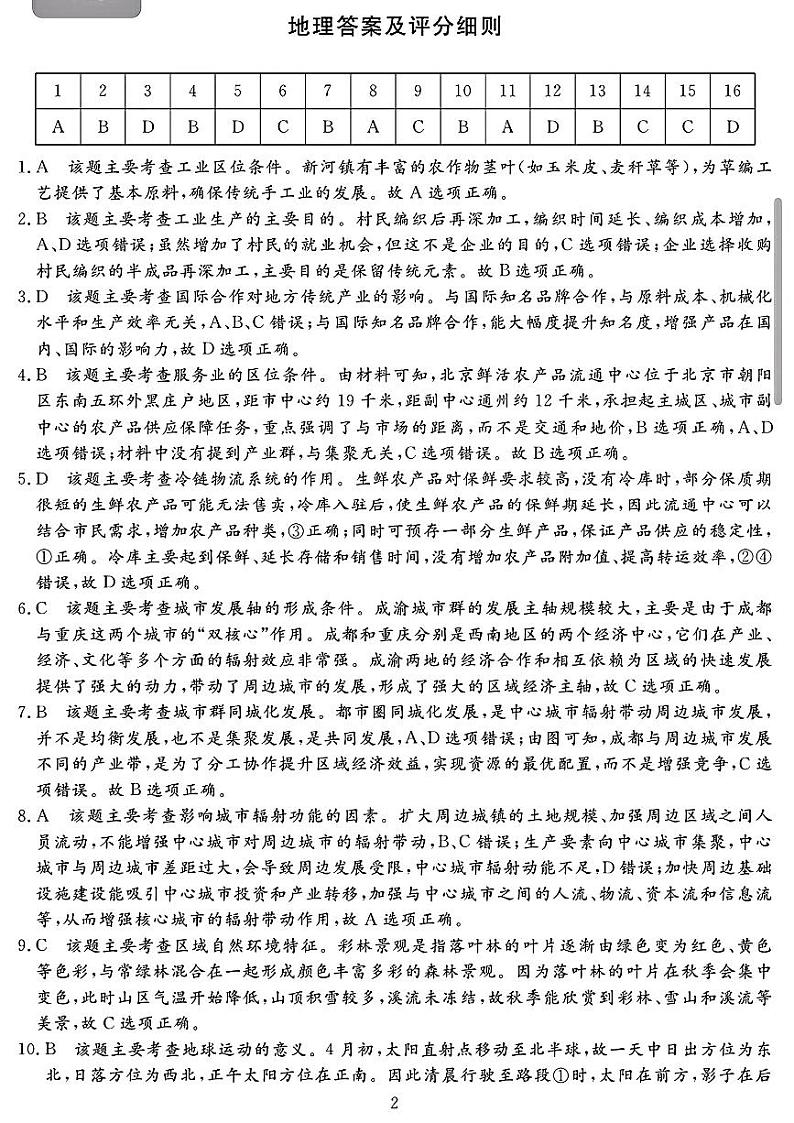 2025届高三2月入学联测地理答案第2页