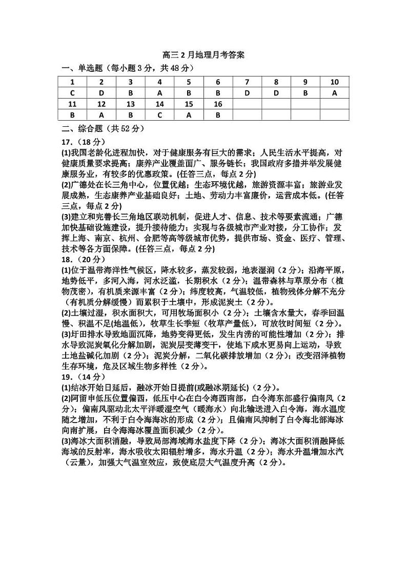 南昌十九中2024-2025学年第二学期2月月考高三地理答案第1页