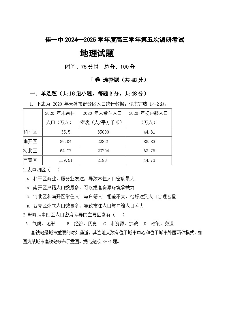 黑龙江省佳木斯市第一中学2025届高三上学期第五次调研考试 地理 Word版含答案第1页