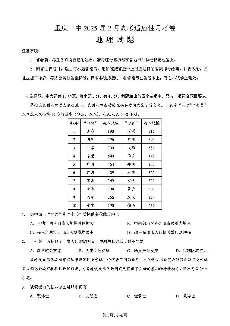 地理-重庆市第一中学校2025届高三下学期2月开学考第1页