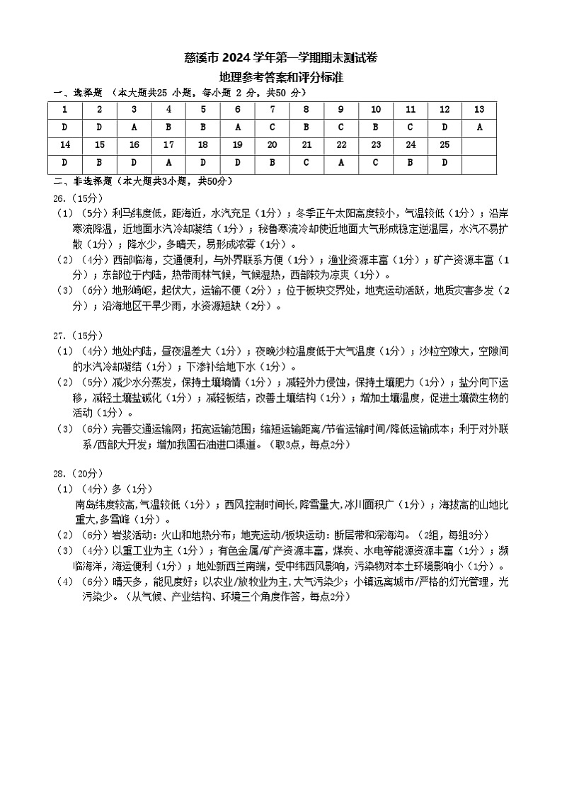 浙江省宁波市慈溪市2024-2025学年高二上学期期末考试地理答案第1页