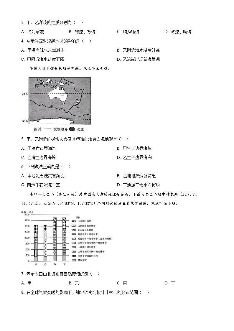 浙江省杭州市2024-2025学年高二上学期期末学业水平测试地理试题  Word版无答案第2页