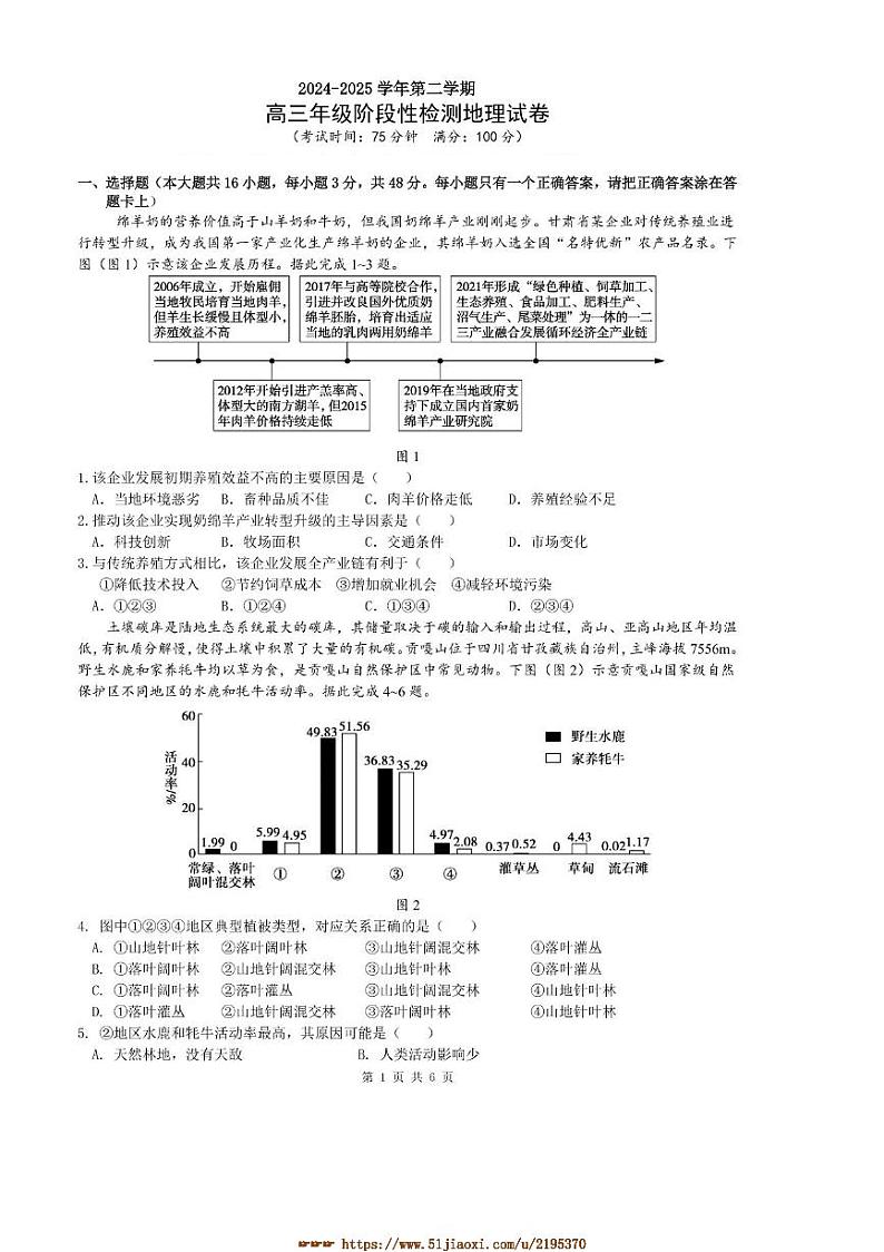 2024～2025学年安徽省合肥市普通高中六校联盟高三下2月阶段检测联考(月考)地理试卷(含答案)第1页
