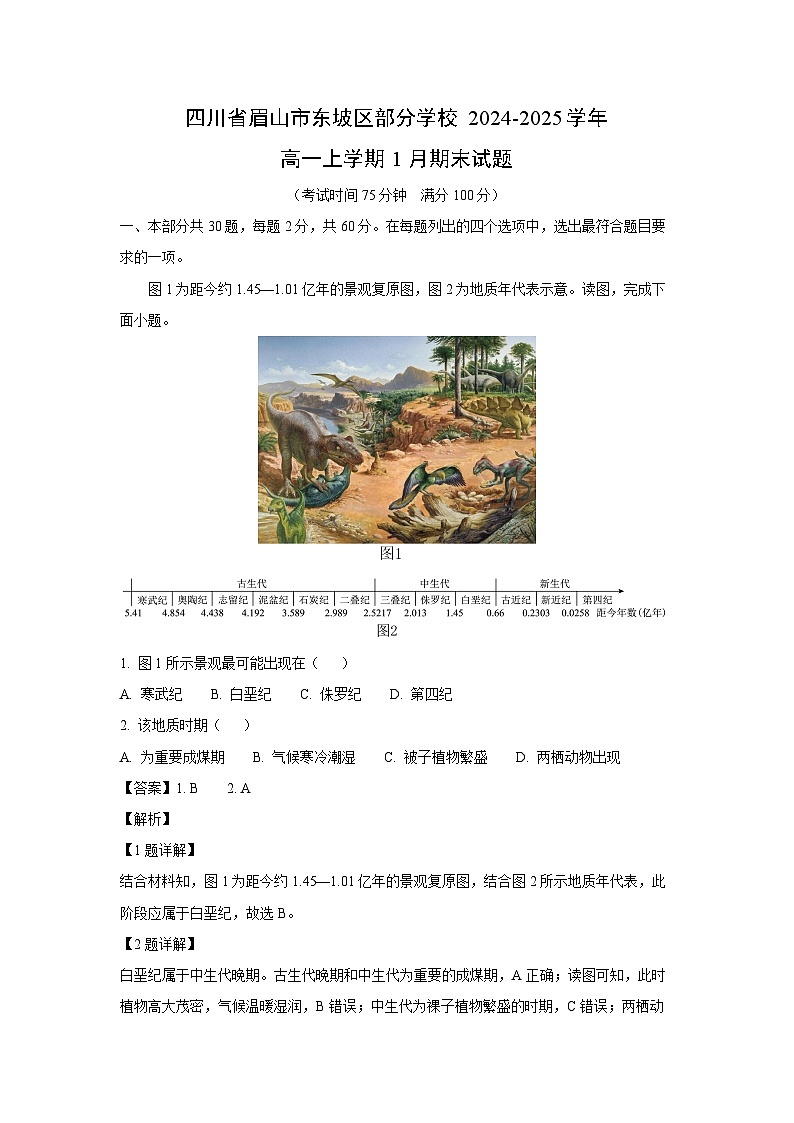 四川省眉山市东坡区部分学校2024-2025学年高一(上)1月期末地理试卷（解析版）第1页