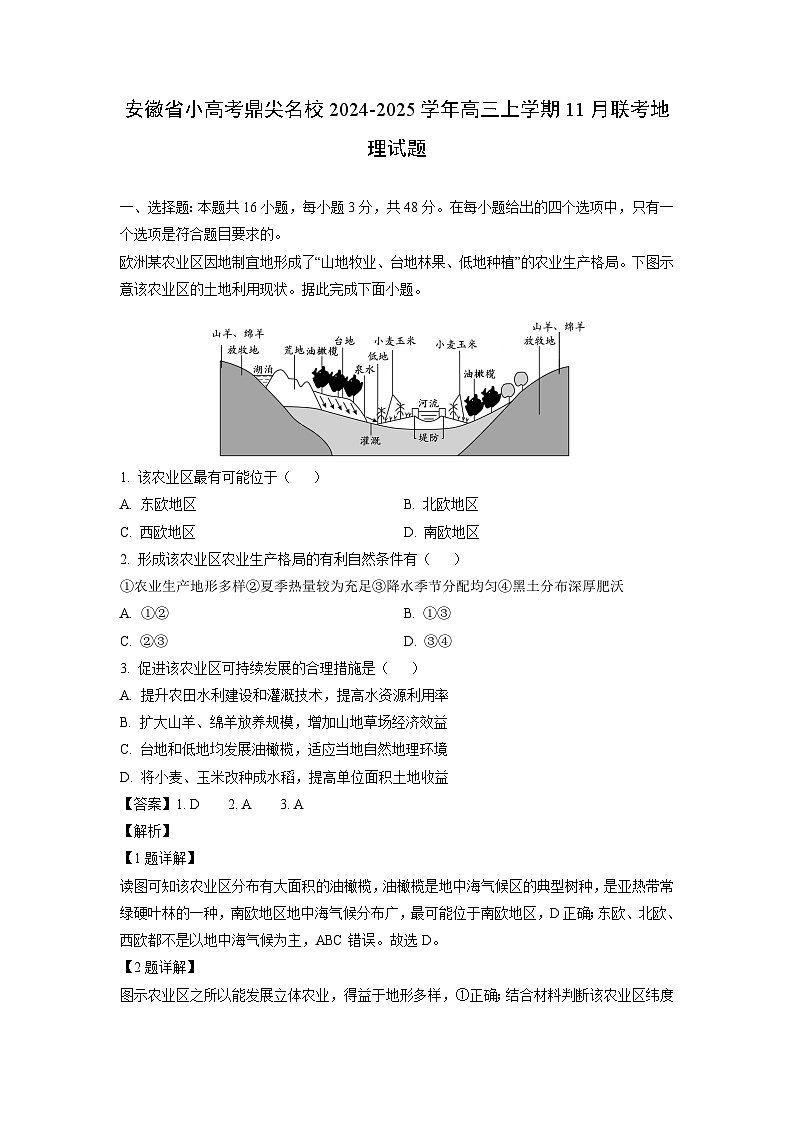 安徽省小高考鼎尖名校2024-2025学年高三(上)11月联考地理试卷（解析版）第1页