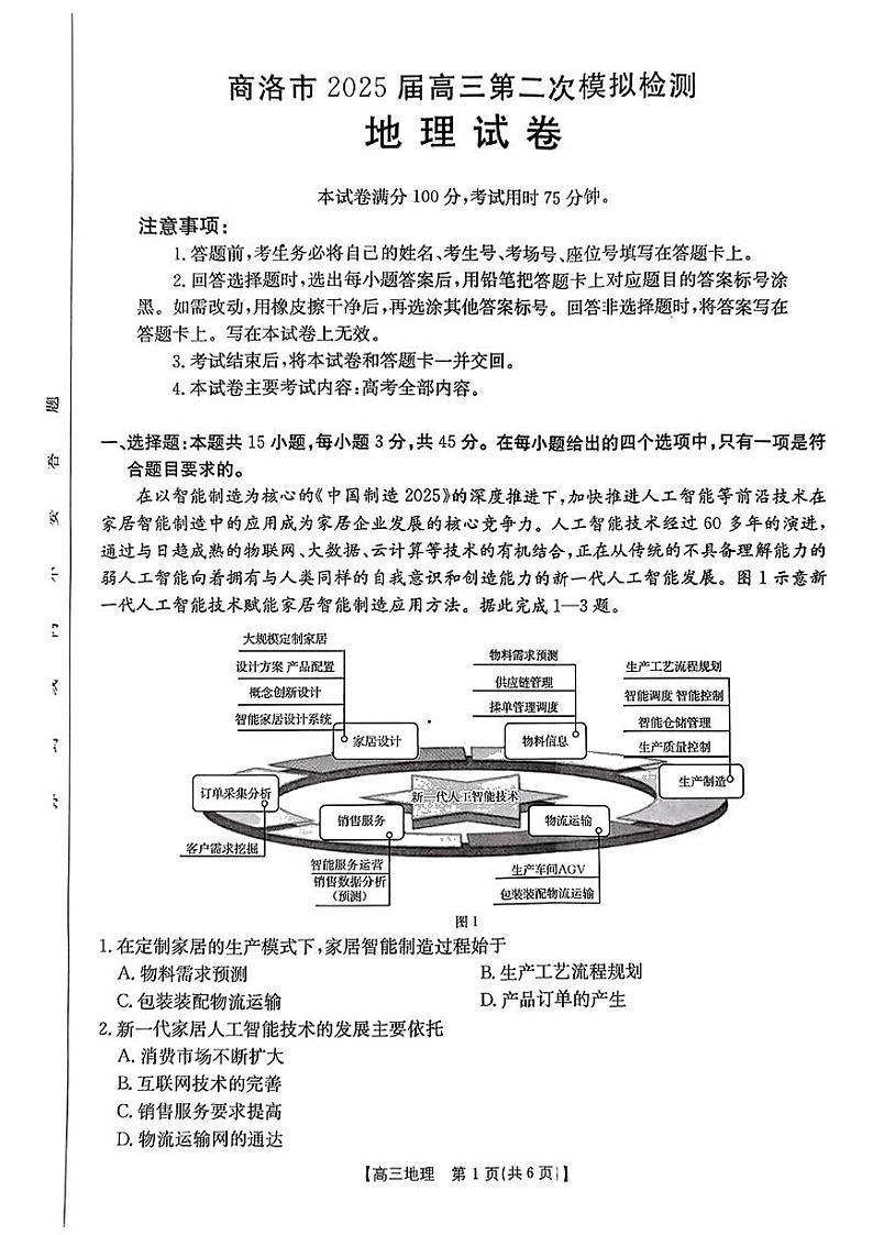 2025届陕西省商洛市高三第二次模拟检测地理试题（无答案）第1页