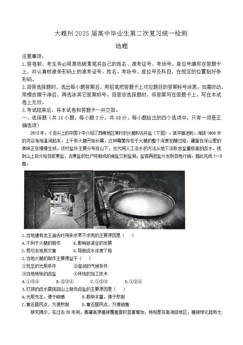 2025大理白族自治州高三上学期二模考试地理含解析第1页