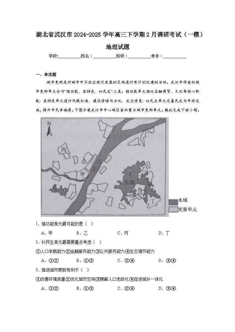湖北省武汉市2024-2025学年高三下学期2月调研考试（一模）地理试题第1页