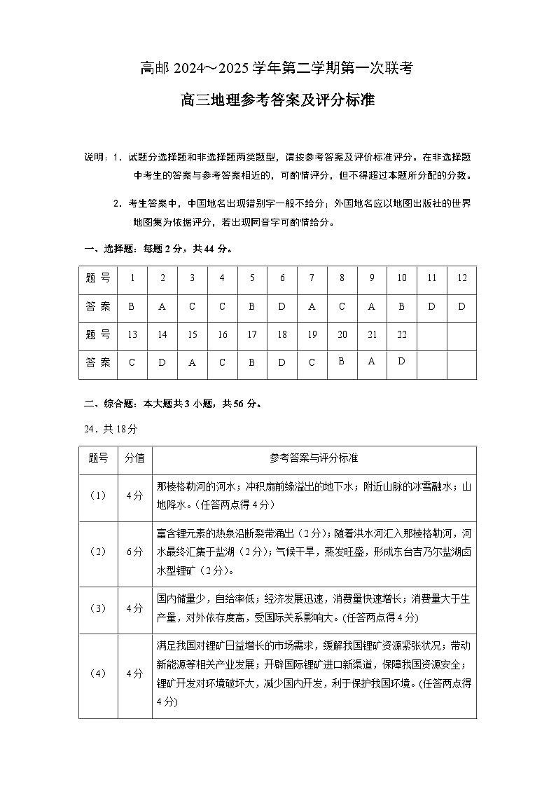 高邮第一次联考 地理答案第1页