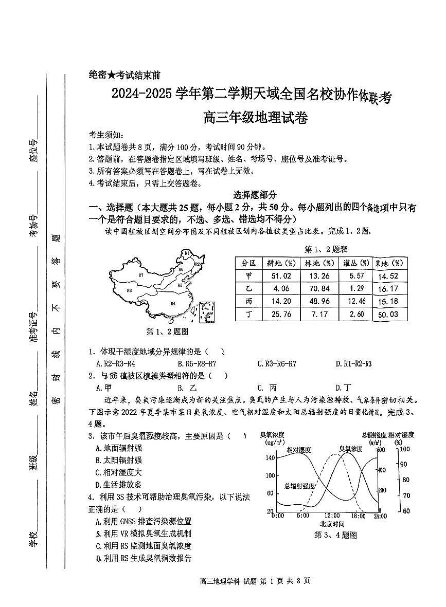 天域全国名校协作体2025届高三下学期3月联考-地理试卷+答案第1页