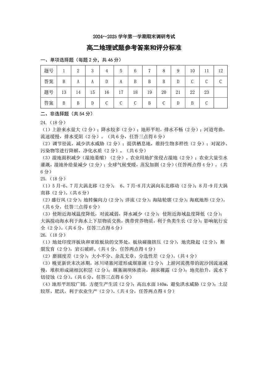 江苏省连云港市2024-2025学年第一学期期末调研考试高二地理答案第1页