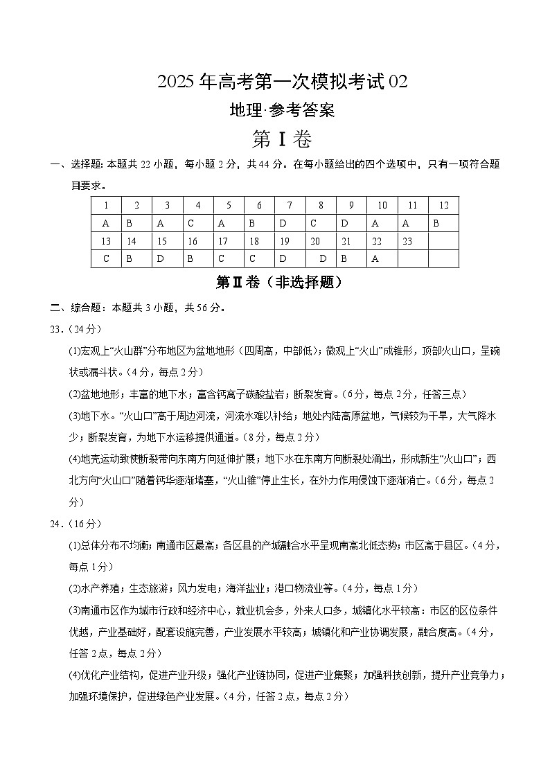 地理（江苏卷02）（参考答案）第1页