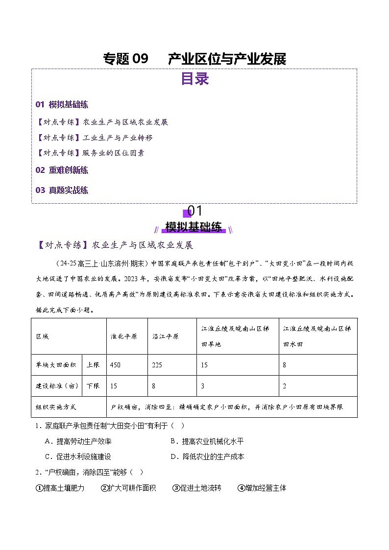 专题09 产业区位与产业发展（练习）（原卷版） 第1页