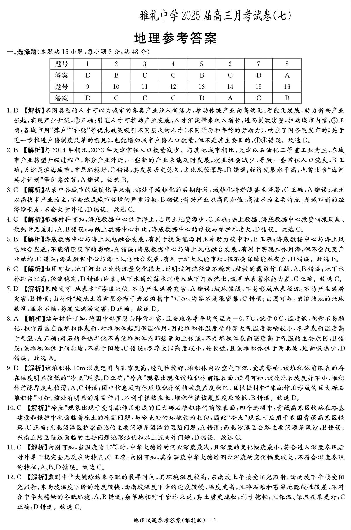 湖南省长沙市雅礼中学2025届高三月考试卷七地理答案第1页