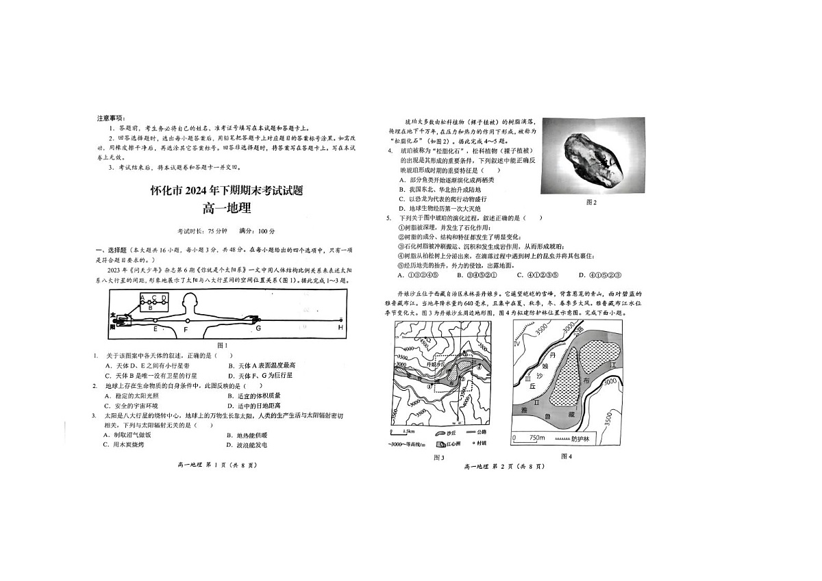 2024-2025学年上学期湖南省怀化市高一期末考试地理试卷第1页