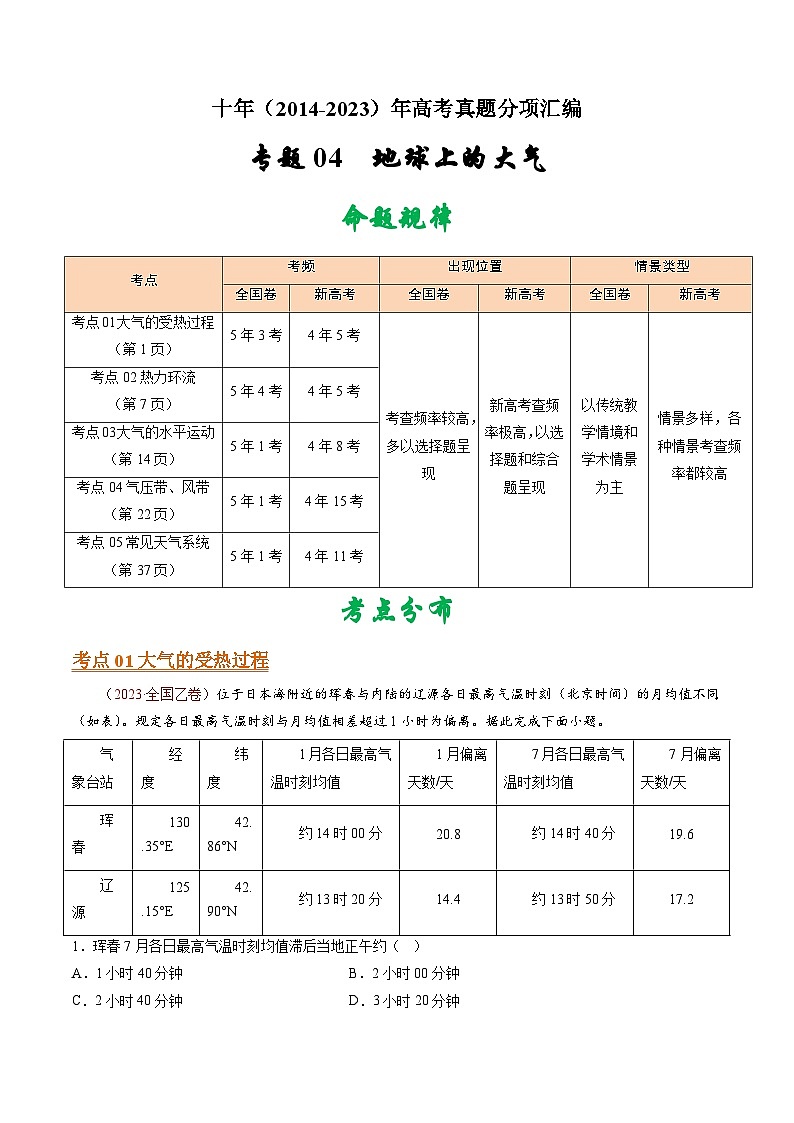 专题04  地球上的大气- 十年（2014-2023）高考地理真题分项汇编（学生卷）第1页