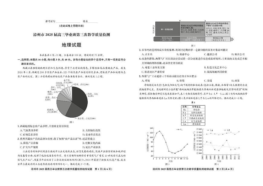 福建省漳州市2025届高三毕业班第三次教学质量检测地理试卷（含答案）第1页