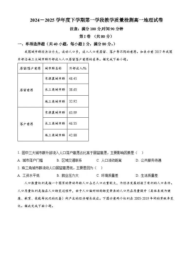 山东省济宁市微山县第二中学2024-2025学年高一下学期3月月考地理试题（原卷版+解析版）第1页