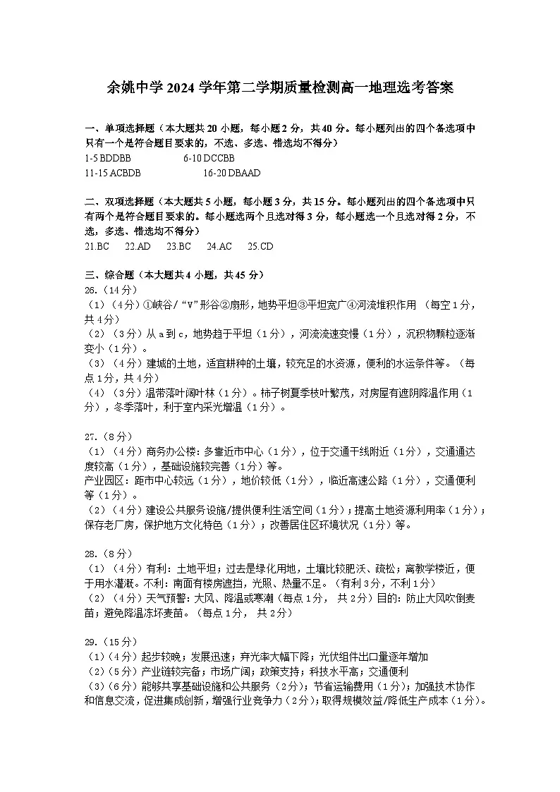 余姚中学2024学年第二学期质量检测高一地理选考答案第1页