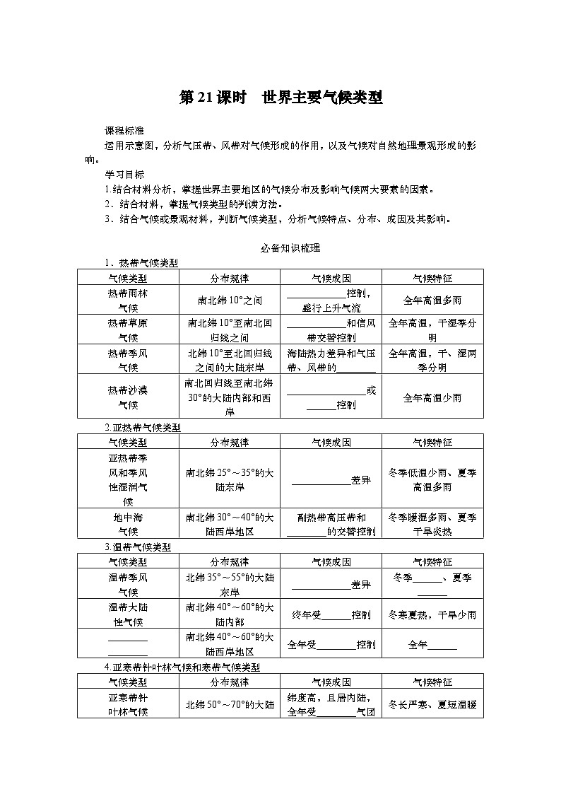 2025届高中地理人教版一轮复习第21课时导学案：世界主要气候类型第1页