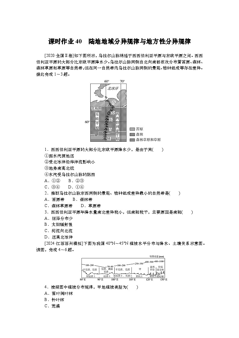 2025届高中地理人教版一轮复习第40课时练习：陆地地域分异规律与地方性分异规律第1页