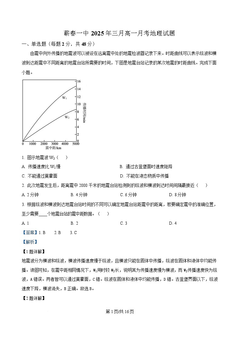 湖北省黄冈市蕲春县第一高级中学2024-2025学年高一下学期3月月考地理试题含解析第1页