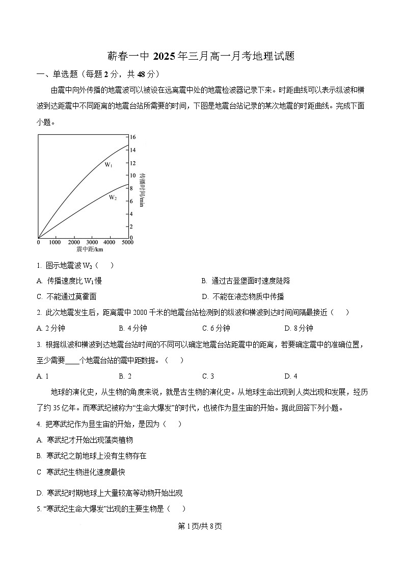 湖北省黄冈市蕲春县第一高级中学2024-2025学年高一下学期3月月考地理试题（原卷版）第1页