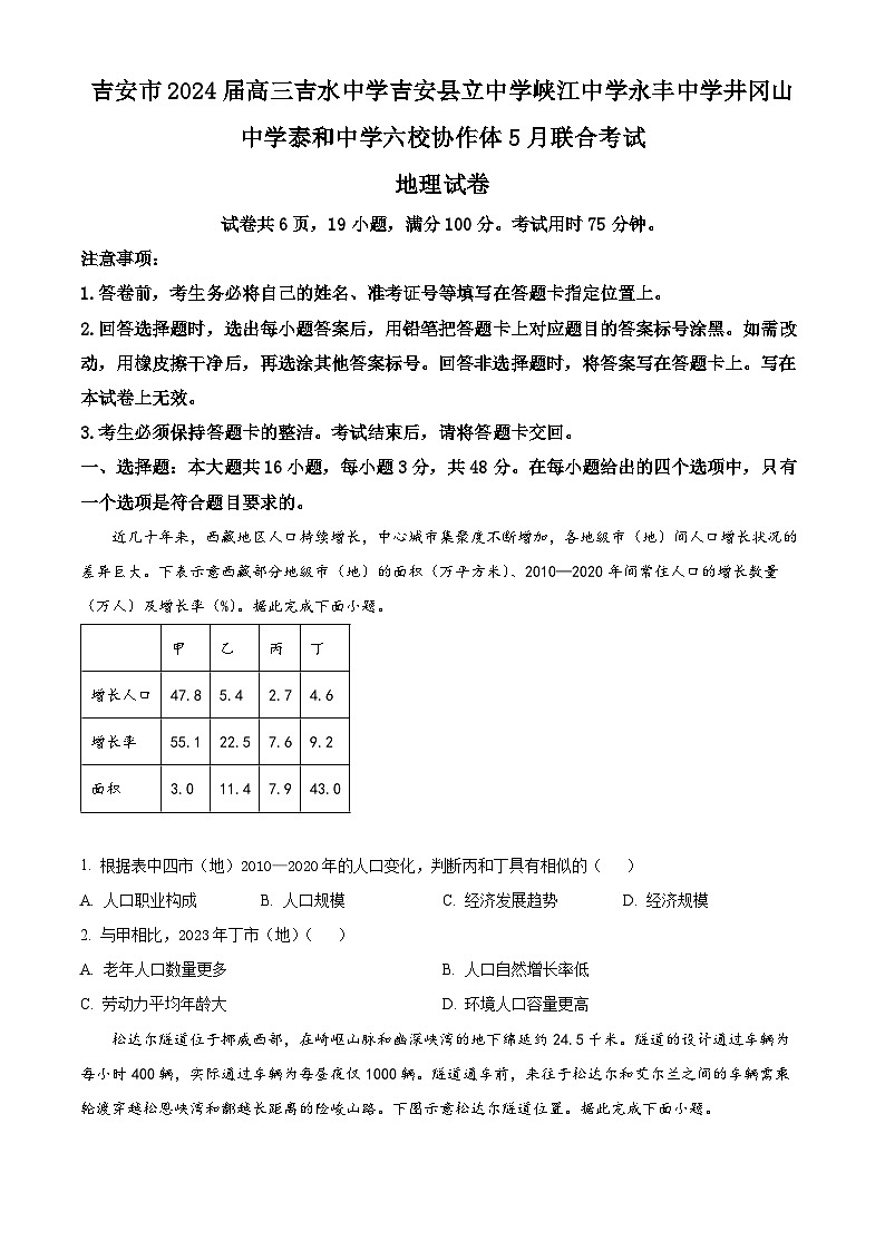 江西省吉安市六校协作体2024届高三下学期5月联合考试地理试卷（Word版附答案）第1页